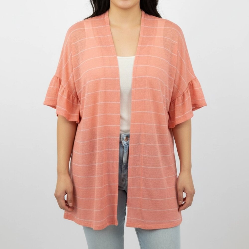 7th Ray Women's Pink Ruffled Stripes Short Sleeve Open Cardigan Sweater Size L